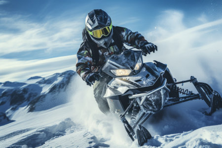 Snowmobile riding in deep snow powder during backcountry tour. Outdoor activity during winter holiday on ski mountain resort. Generative AI illustrationの素材