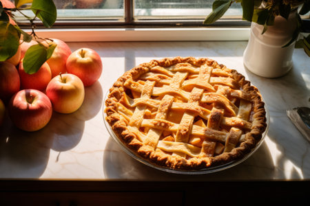 Homemade autumn apple pie. Still life with fresh apples. Generative AI illustrationの素材
