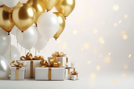 Invitation for party with blank space, golden and white balloons and presents. Happy birthday concept. Generative AI illustrationの素材