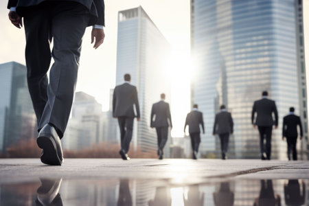 Group of businessmen are walking. Blurred city building background . AI generated illustrationの素材
