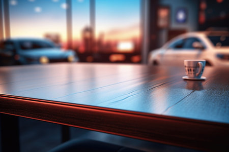 Surface of an empty table with a blurred car in the background . AI generated illustrationの素材