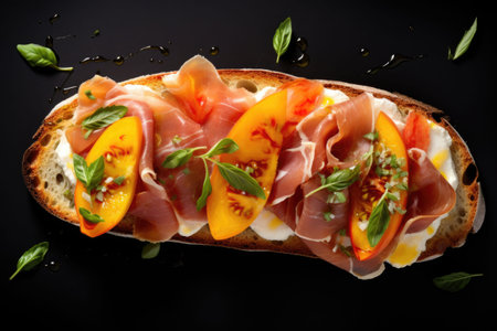 Bruschetta with ham and apricot. Top view. Generative AI illustrationの素材