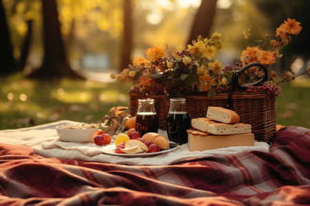 Cozy autumn picnic in the park with sandwiches and a plaid blanket. Generative AI illustrationの素材
