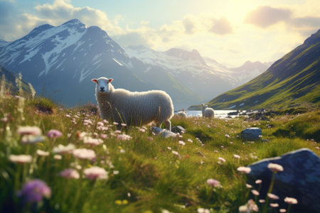 Sheep on the flowered meadows. Nature with wild flowers and mountains in the background. Generative AI illustrationの素材