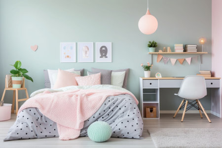 Cheerful kids bedroom with comfortable bed and desk decorated in a pastel colors. Generative AI illustrationの素材