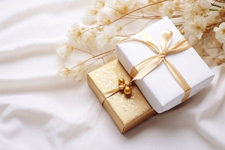 Craft gifts boxes on white background with flowers cotton branches. Generative AI illustrationの素材