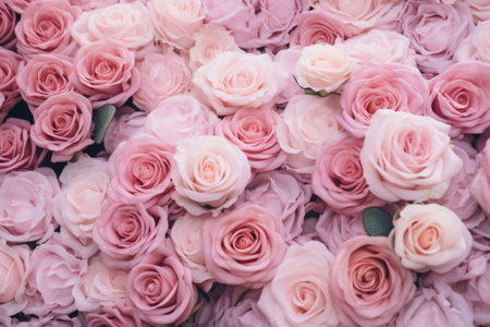 Flowers wall background. Fresh blooming flowers texture in pink colors. Generative AI illustrationの素材