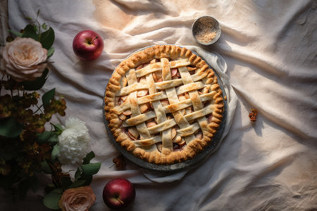 Homemade autumn apple pie. Still life with fresh apples. Generative AI illustrationの素材
