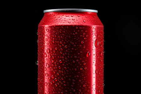 Red soda can and water drops on black background. Generative AI illustrationの素材