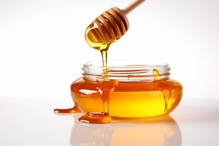 Glass jar full of honey and dipper on white background. Generative AI illustrationの素材