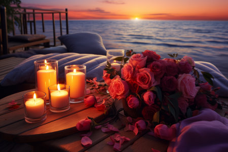 Romance by the sea side. Candles, flowers and sunset. Generative AI illustrationの素材