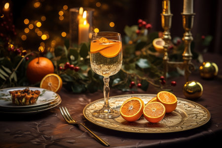 Christmas festive table setting with champagne. Holiday dinner home party. Generative AI illustrationの素材