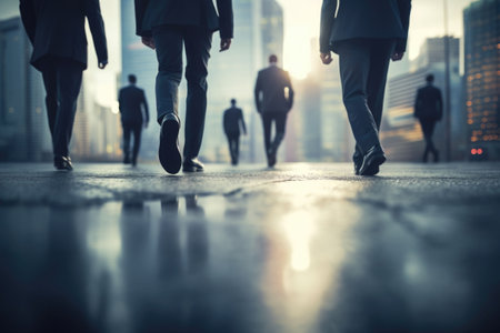 Group of businessmen are walking. Blurred city building background . AI generated illustrationの素材