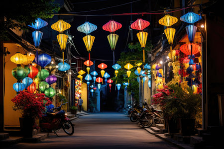 Many kind of lanterns hanging on street market. Colorful tradition lanterns in chinese style. Generative AI illustrationの素材