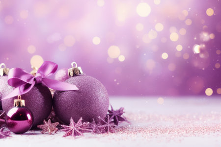 Purple christmas balls with brown ornaments and bows on glitter bokeh backdrop. Christmas holiday and festive decoration concept. Generative AI illustrationの素材