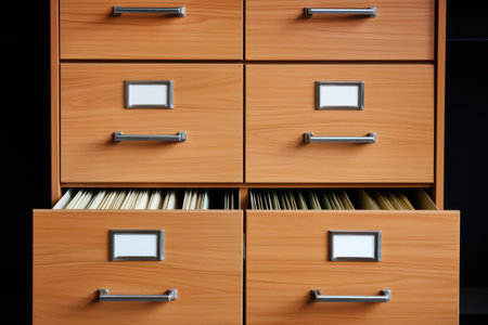 File cabinet with a wide open drawer full of files. Generative AI illustrationの素材