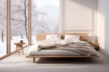 A bedroom in scandinavian style. Double bed with pillows and soft blanket, furniture on wooden floor. Generative AI illustrationの素材