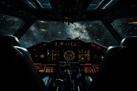 View from inside the cockpit of a space ship. Black empty outer space. Generative AI illustrationの素材