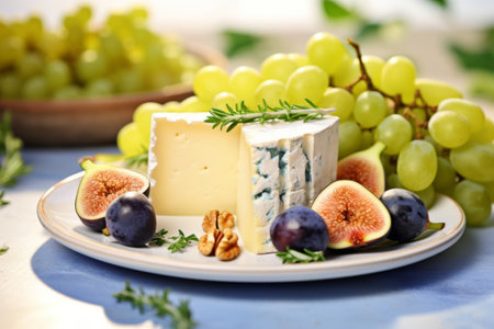 Assorted cheeses on a plate with grapes and figs. A spring food concept on light sunny background. Generative AI illustrationの素材