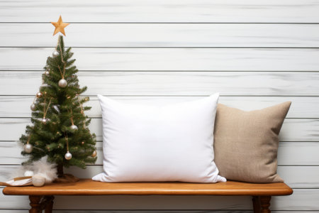 Bench with white canvas pillow mockup and Christmas elements. Generative AI illustrationの素材
