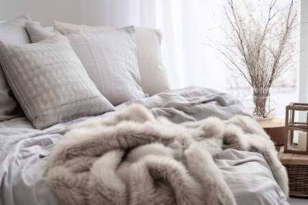 Cozy interior of light bedroom with soft linens and faux fur throws. Generative AI illustrationの素材