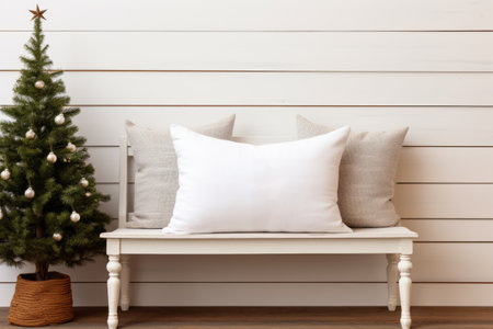 Bench with white canvas pillow mockup and Christmas elements. Generative AI illustrationの素材