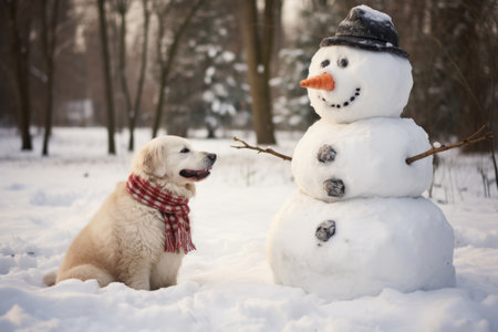 Snowman in the garden and a dog looks at the snowman. Generative AI illustrationの素材