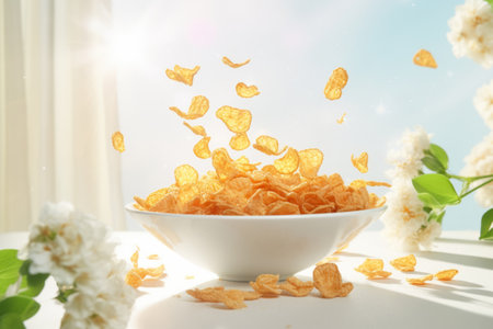 Tasty crispy corn flakes falling into white bowl. Food concept on light sunny background. Generative AI illustrationの素材