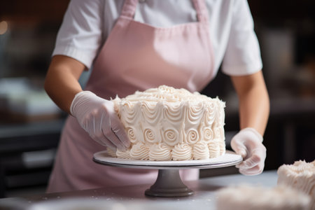 Woman confectioner makes birthday cake in gloves. Professional decorates the cake. Generative AI illustrationの素材