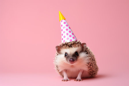Hedgehog in party cone hat on pastel background. Creative animal concept. Generative AI illustrationの素材