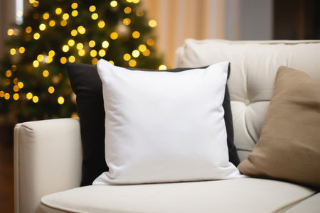 Mock up of plain white blank pillow on sofa. Christmas tree lights on background. Generative AI illustrationの素材