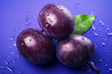 Plum fruit on violet bright background with water drops. Generative AI illustrationの素材