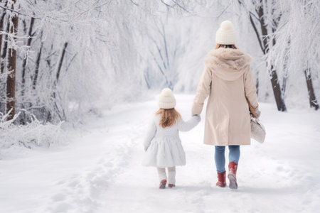 Mother and daughter holding hands while walking through a snowy park. Winter family moments. Generative AI illustrationの素材