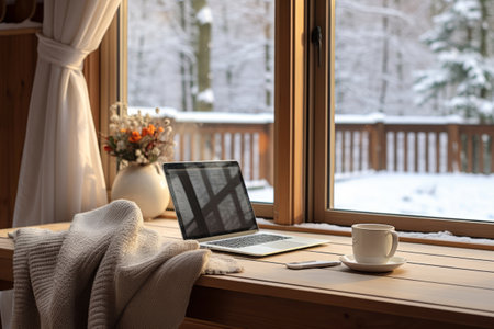Laptop near a window with snow views. Winter cozy workspace. Concept of working at morning. Generative AI illustrationの素材