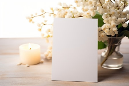 Wedding table number card mockup with a floral arrangement. Generative AI illustrationの素材