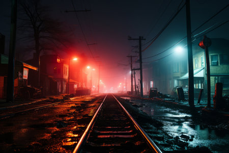 Street line area at night. Neon street at the downtown. Generative AI illustrationの素材