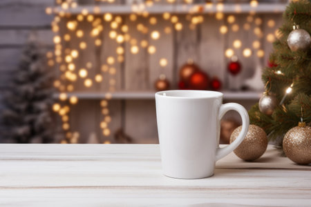 Plain white coffee cup mockup with christmas elements in background. Generative AI illustrationの素材