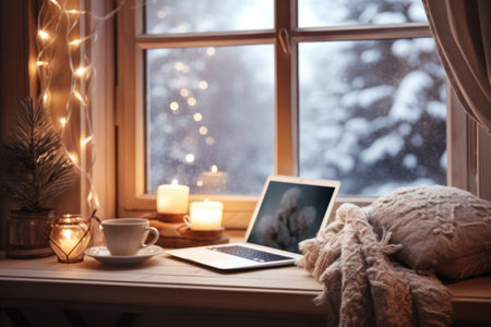 Desk with twinkling lights and winter decorations. Cozy workspace. Generative AI illustrationの素材