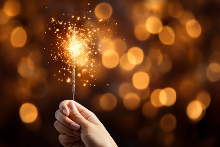 Hand holds a sparkler. Beautiful golden background with bokeh. Generative AI illustrationの素材