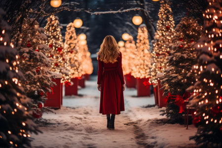 Woman in a red dress walking through a park adorned with holiday lights and decorations. Generative AI illustrationの素材