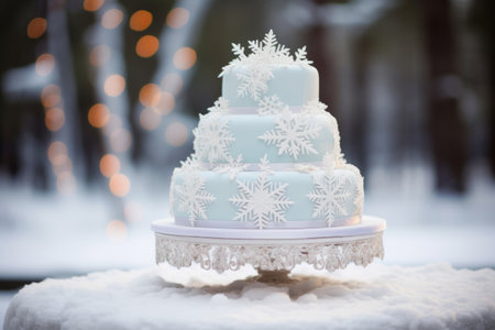 Elegant winter wedding cake adorned with snowflake decorations. Winter wedding. Generative AI illustrationの素材