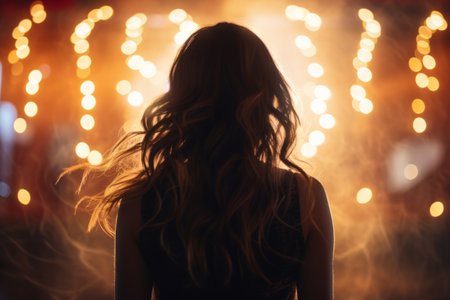 Back view of beauty woman with curly hair over holiday dark background with magic glow. Holiday celebration. Generative AI illustrationの素材