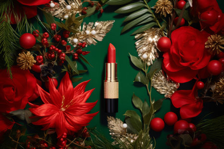 Holiday themed beauty flat lay with red lipstick, decorations and flowers. Generative AI illustrationの素材