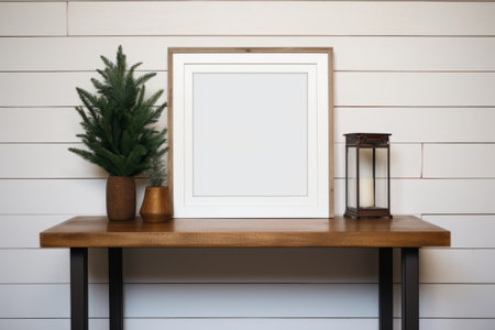 Mock up of plain white blank frame on console table. Christmas farmhouse decor. Generative AI illustrationの素材