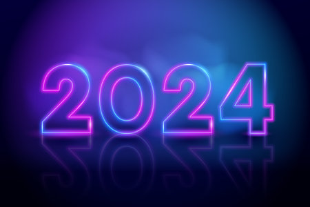 Purple vector neon tube numbers 2024. New year neon numbersのイラスト素材