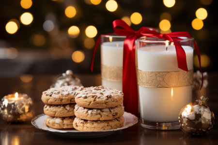 Traditional Christmas homemade cookies, candle and cup of milk with Christmas decor on blurred lights background. Generative AI illustrationの素材
