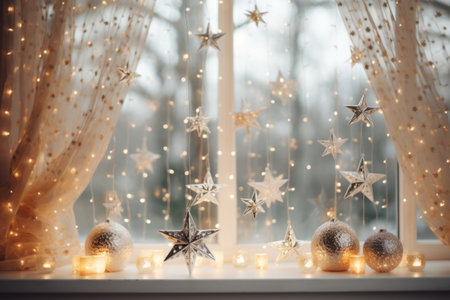 Glittering holiday decorations, including golden baubles, garlands and lights. Generative AI illustrationの素材
