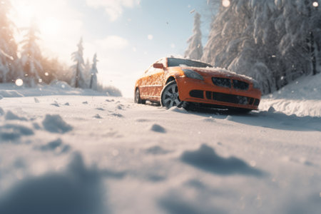 The car skidded on the snowy road. The danger of driving in winter. Generative AI illustrationの素材