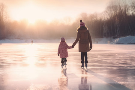 Mother and daughter hold hands while ice skating on a frozen pond. Winter family moments. Generative AI illustrationの素材