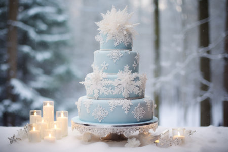 Elegant winter wedding cake adorned with snowflake decorations. Winter wedding. Generative AI illustrationの素材